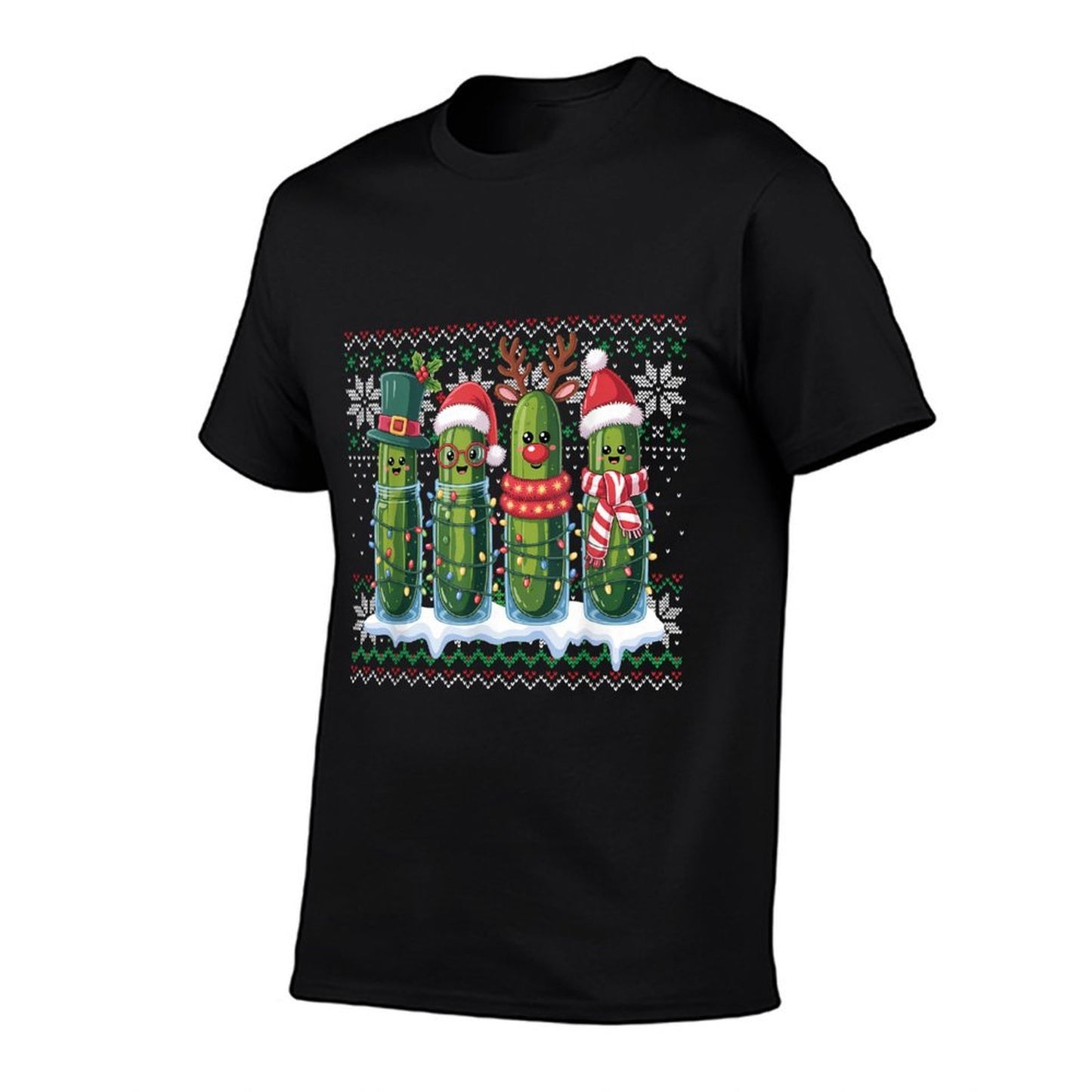 Funny Pickles Christmas Lights Santa Hat Xmas Ugly Sweater  Heathered Texture T-Shirt