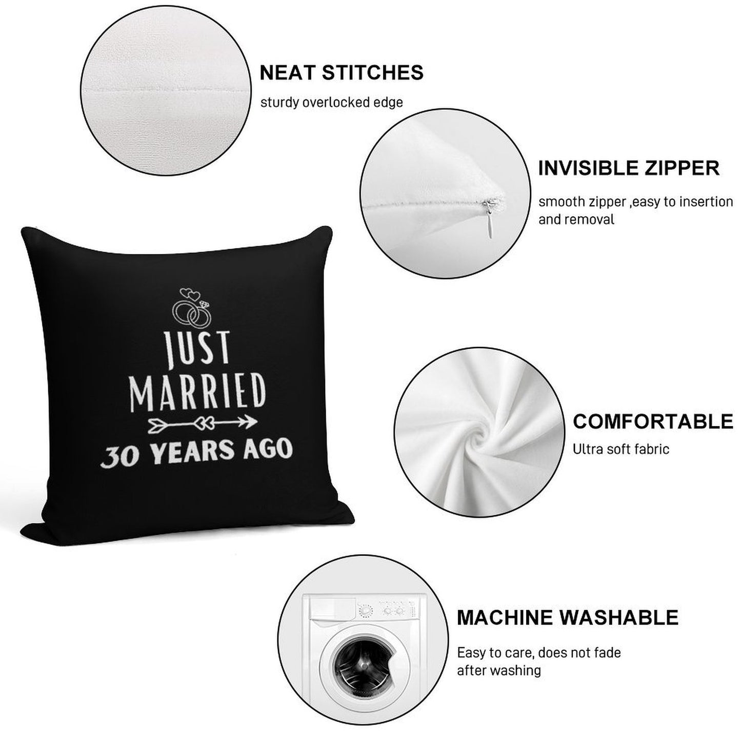 Just Married 30 Years Ago, 30th Wedding Anniversary for Men & Women Soft Reinforced Edging Throw Pillow