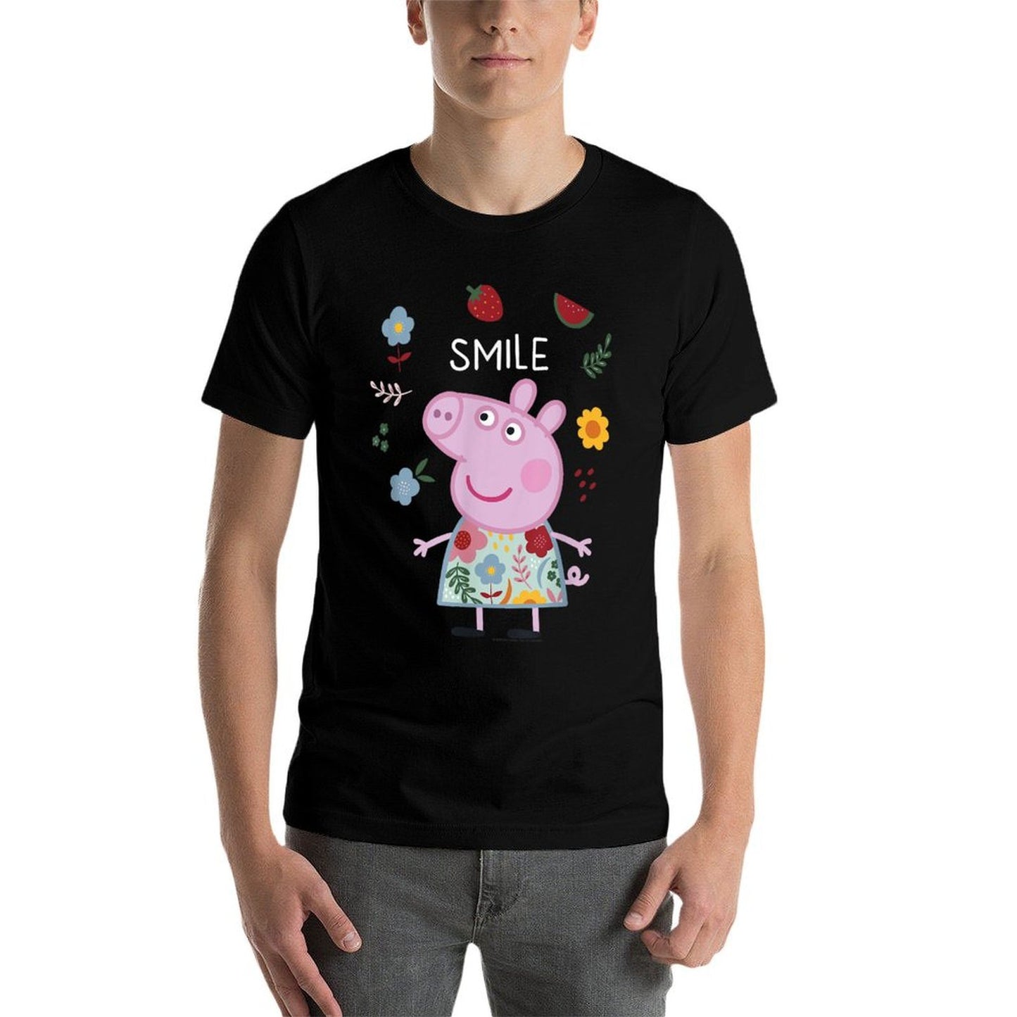 Peppa Pig Smile Cute Flowers & Fruit Full Body Portrait  Summer-ready Fabric T-Shirt