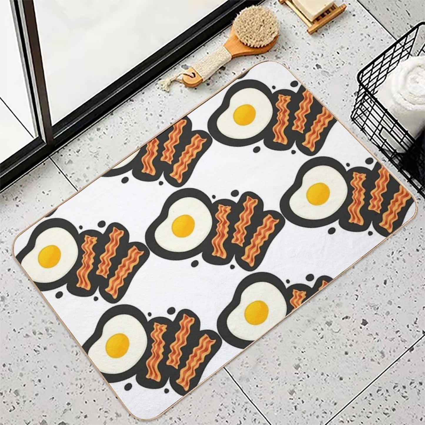 Breakfast With Bacon And Eggs Seamless Vector Pattern Dark  Absorbent Bath Mat
