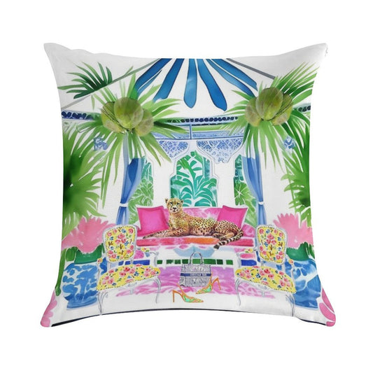 Preppy Cheetah in Stripy Blue Cabana Soft Reinforced Edging Throw Pillow