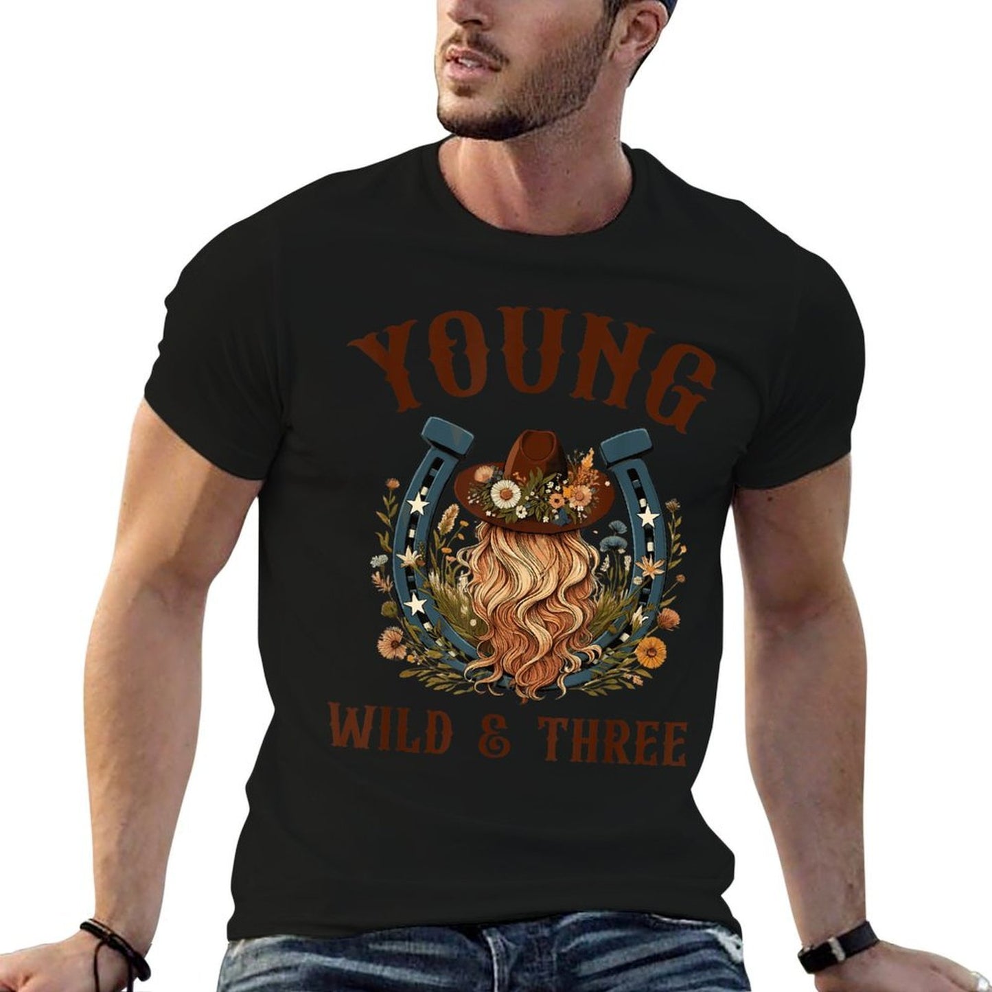Young Wild & Three 3rd Birthday Wildflowers Western Boho  Cotton T-Shirt