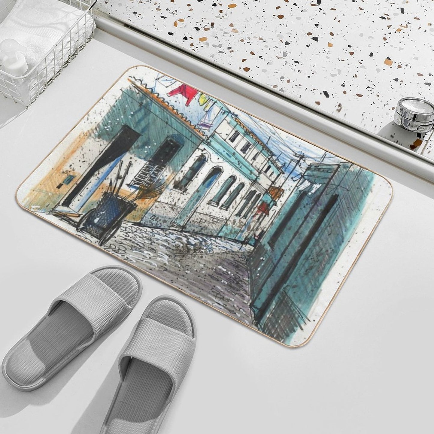 Framed Print Artwork Showing Village Sidestreet, Ferragudo, Portugal  Eco-Friendly Bath Mat