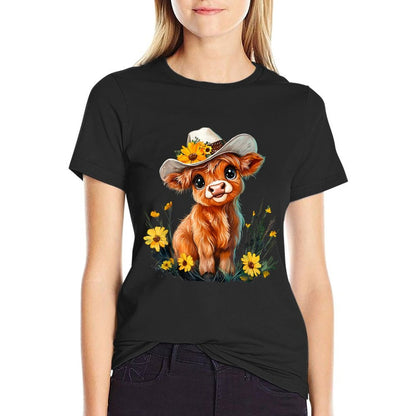 Cute Highland Cow Scottish Hairy Cattle Floral  Classic T-Shirt