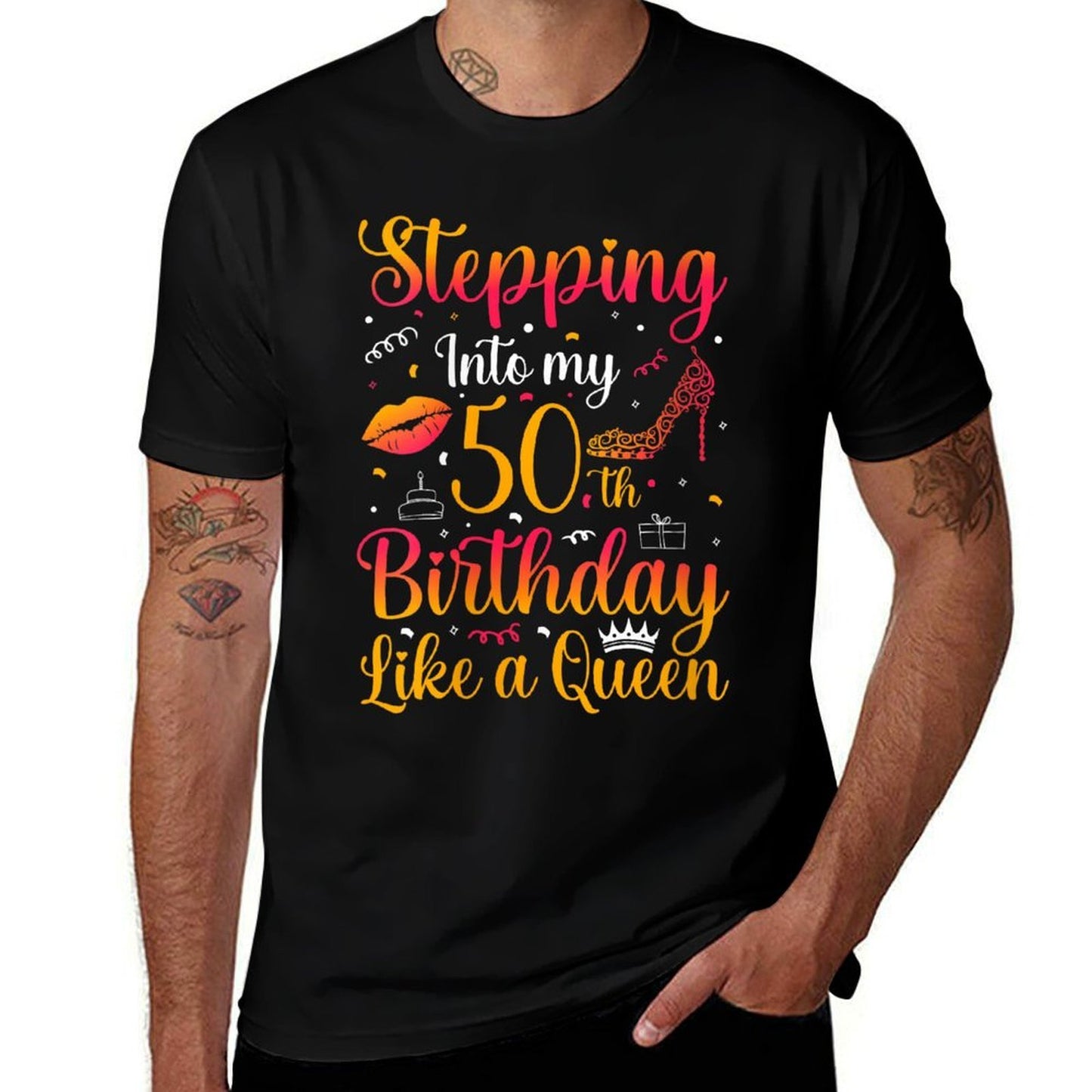 Stepping Into My 50th Birthday Queen Gift for Her Woman Birt  Ribbed Collar T-Shirt