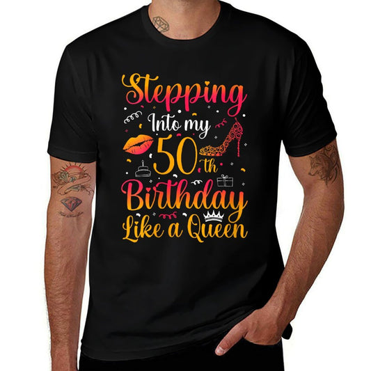 Stepping Into My 50th Birthday Queen Gift for Her Woman Birt  Ribbed Collar T-Shirt
