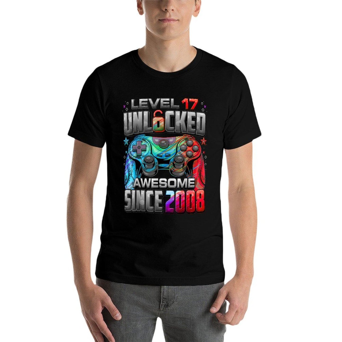 Level 17 Unlocked Awesome Since 2008 17th Birthday Gaming  Heathered Texture T-Shirt