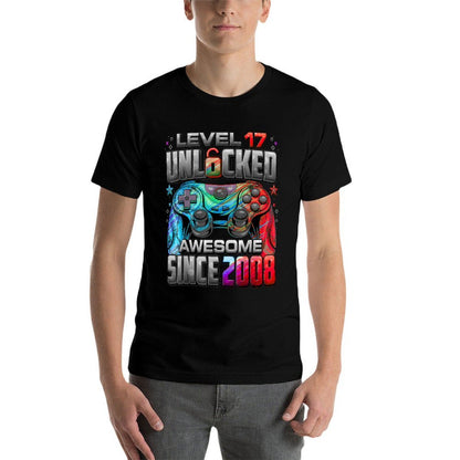 Level 17 Unlocked Awesome Since 2008 17th Birthday Gaming  Heathered Texture T-Shirt