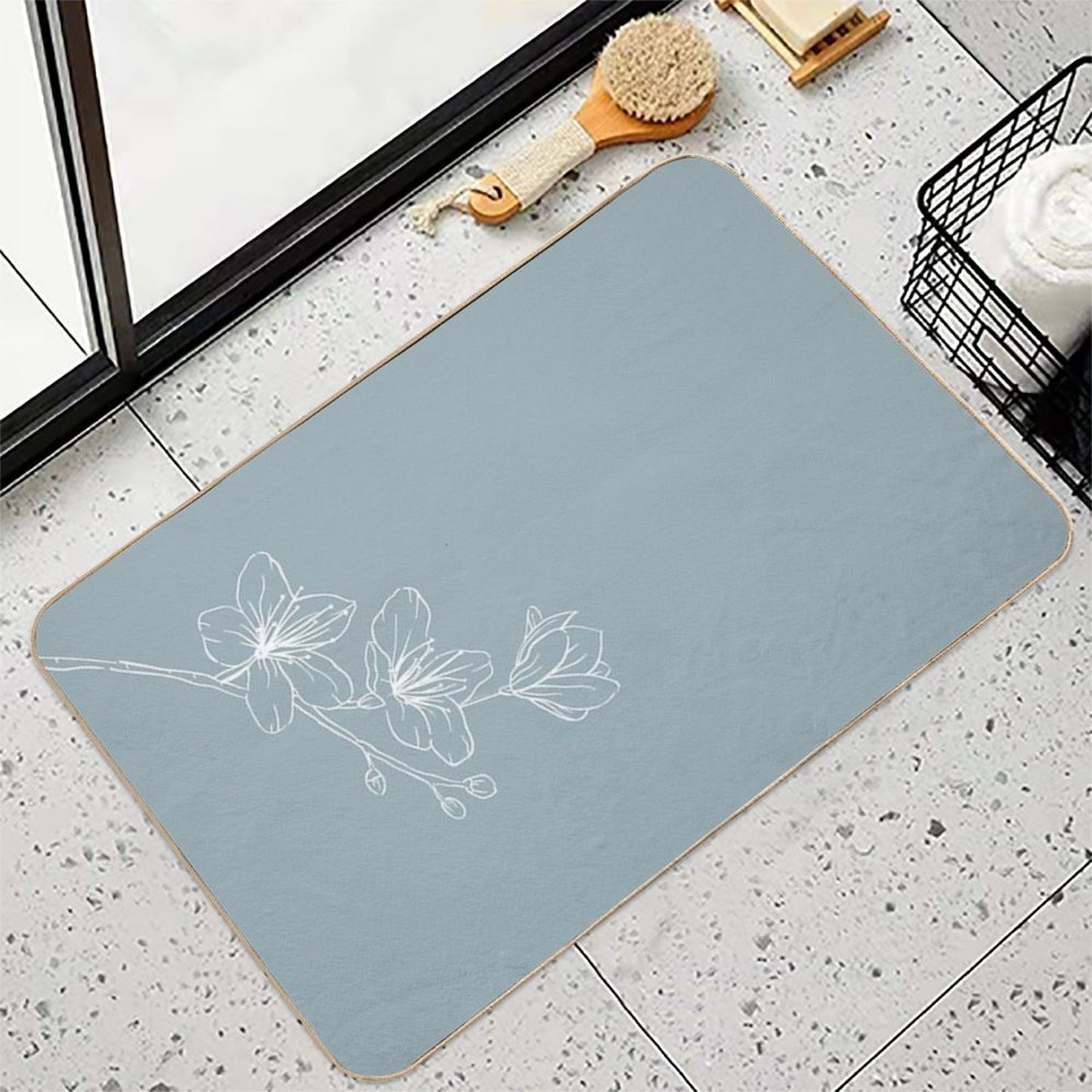 Minimal Flower Print Blue  Absorbent Bath Mat