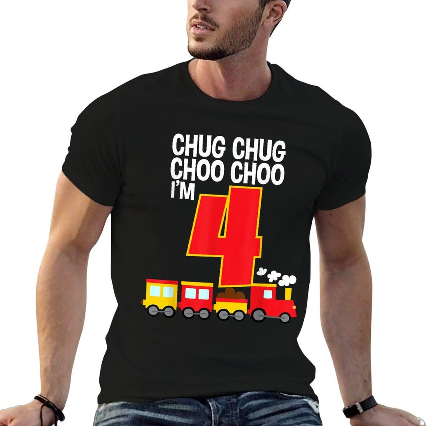 Chug Chug Choo Choo I'm 4 4th Birthday Train Party  Ribbed Collar T-Shirt