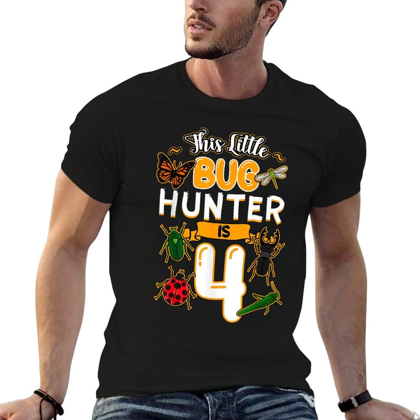 This Little Bug Hunter Is 4 Birthday Insect Bday Party  Fade-proof Color T-Shirt