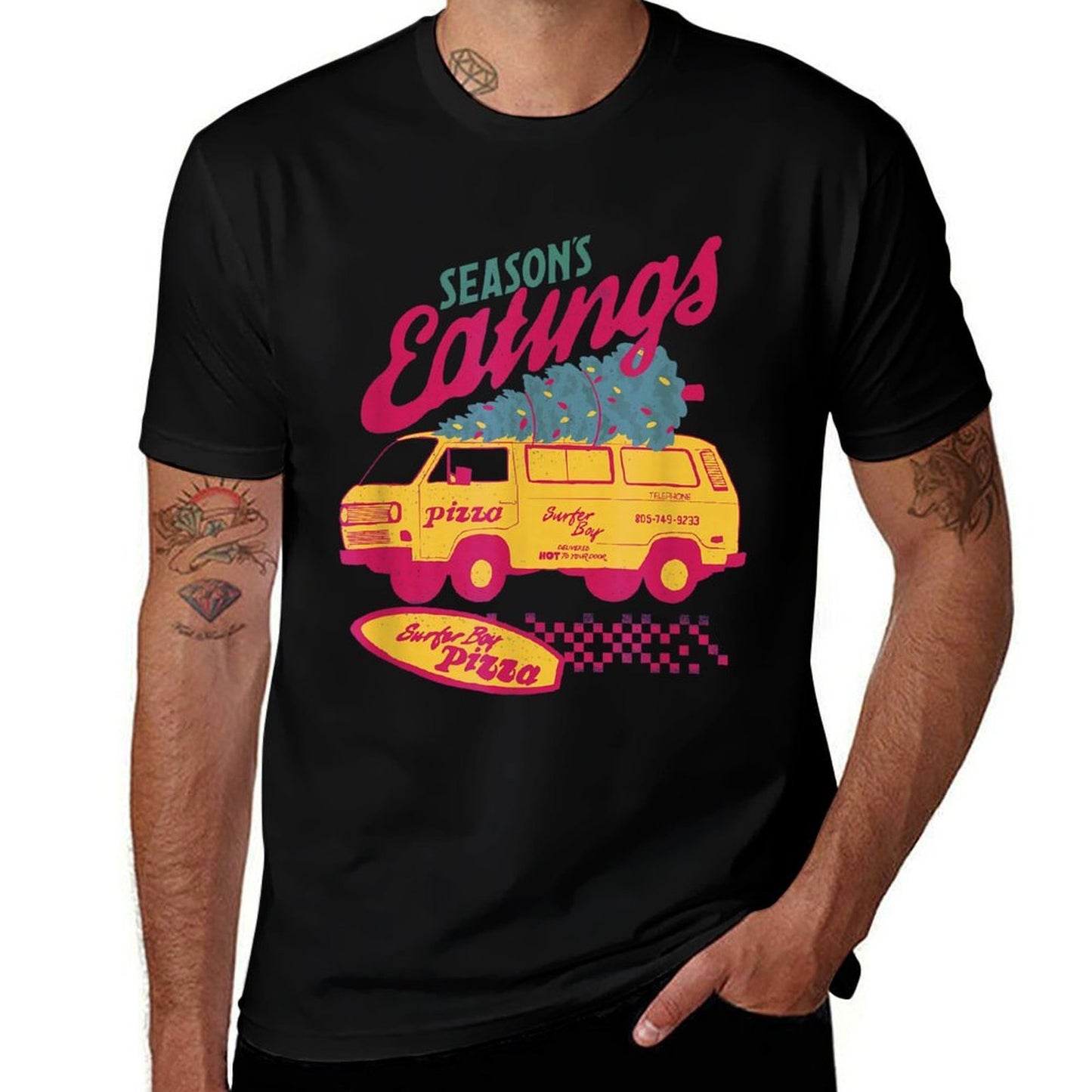 Stranger Things Christmas Surfer Boy Pizza Seasons Eatings!  Durable T-Shirt