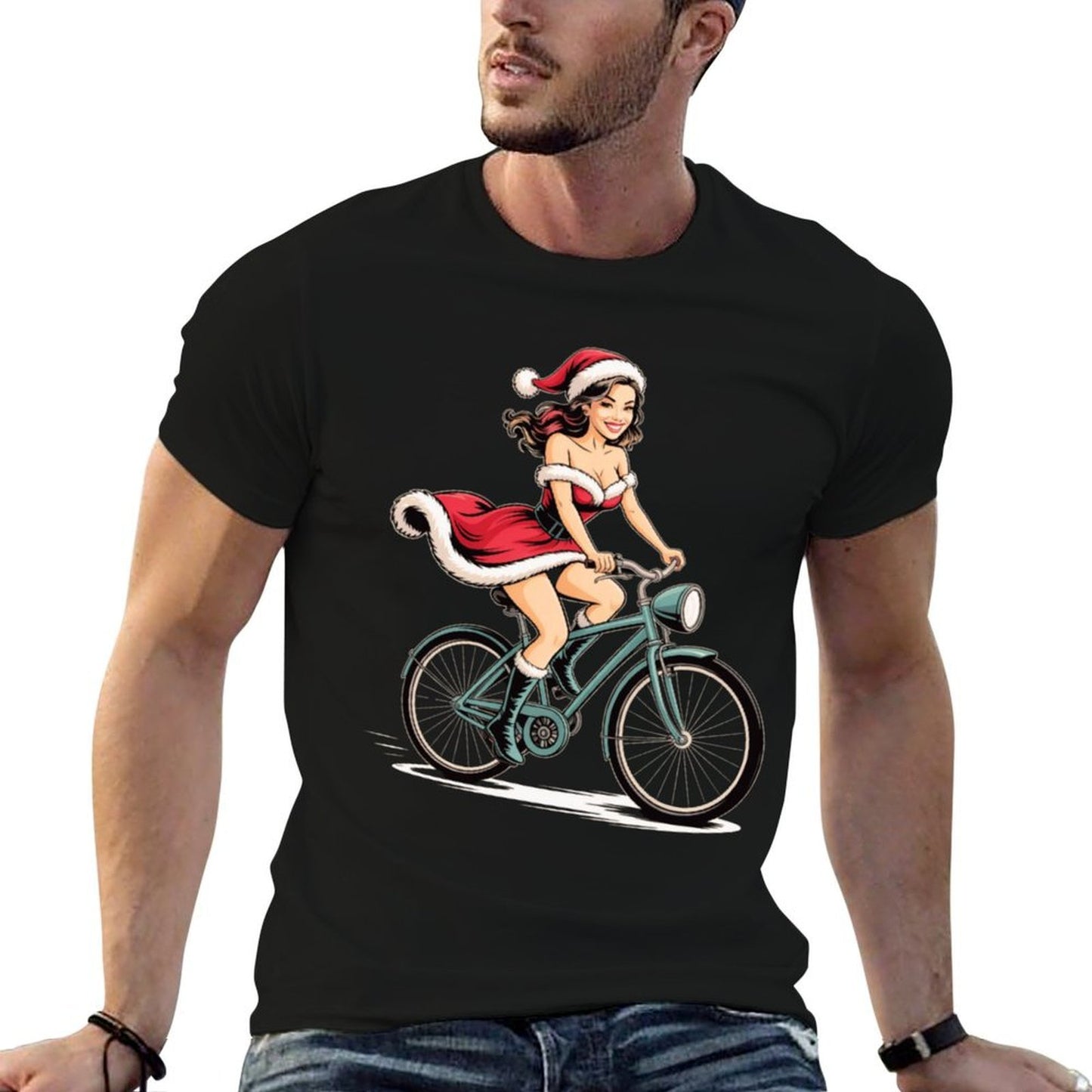 Pinup Christmas Santa Girl on Bicycle Vintage Retro Holiday  Ribbed Collar T-Shirt