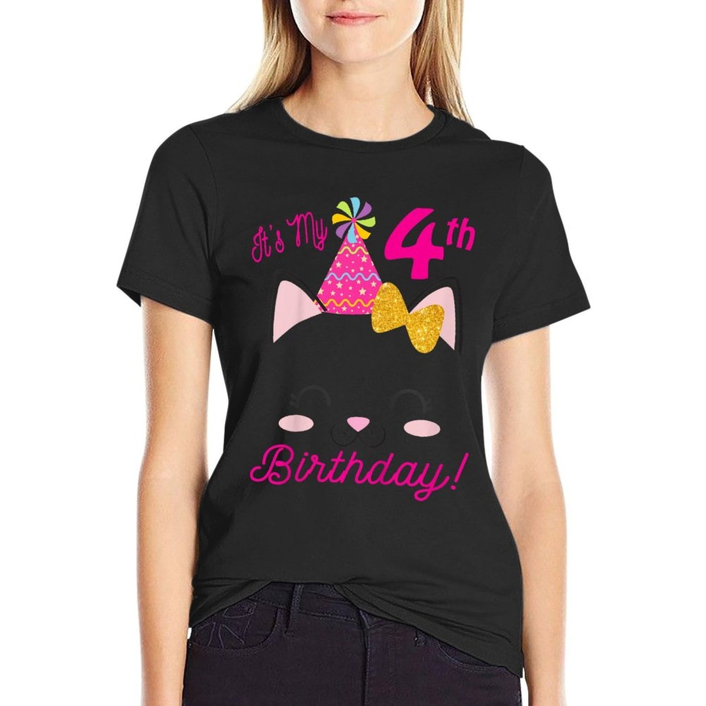 Its My 4th Birthday Girl Kitty Cat Theme Party (four)  Moisture-wicking T-Shirt