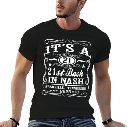 Womens It's A Nashville 21st Birthday 2025 Whiskey Theme  Ribbed Collar T-Shirt