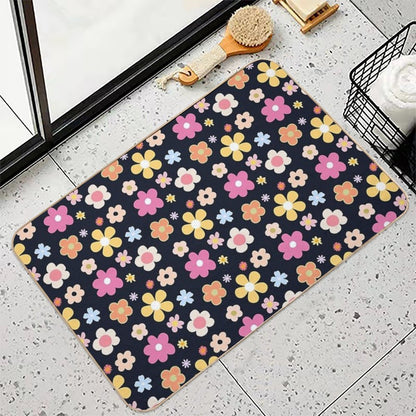 Cute Flower Dark Blue Theme  Odorless Bath Mat