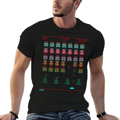 Ugly Christmas Style Retro Video Game  Ribbed Collar T-Shirt