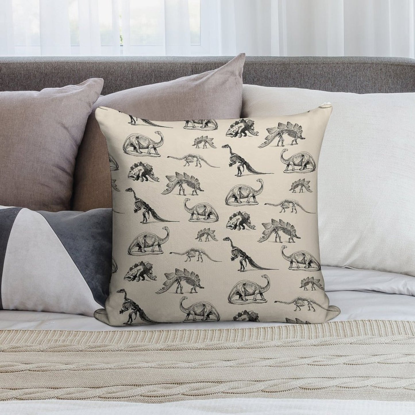 Vintage Museum Dinosaur Skeleton Illustrations, Black & Cream Dinos Soft Easy Maintenance Throw Pillow