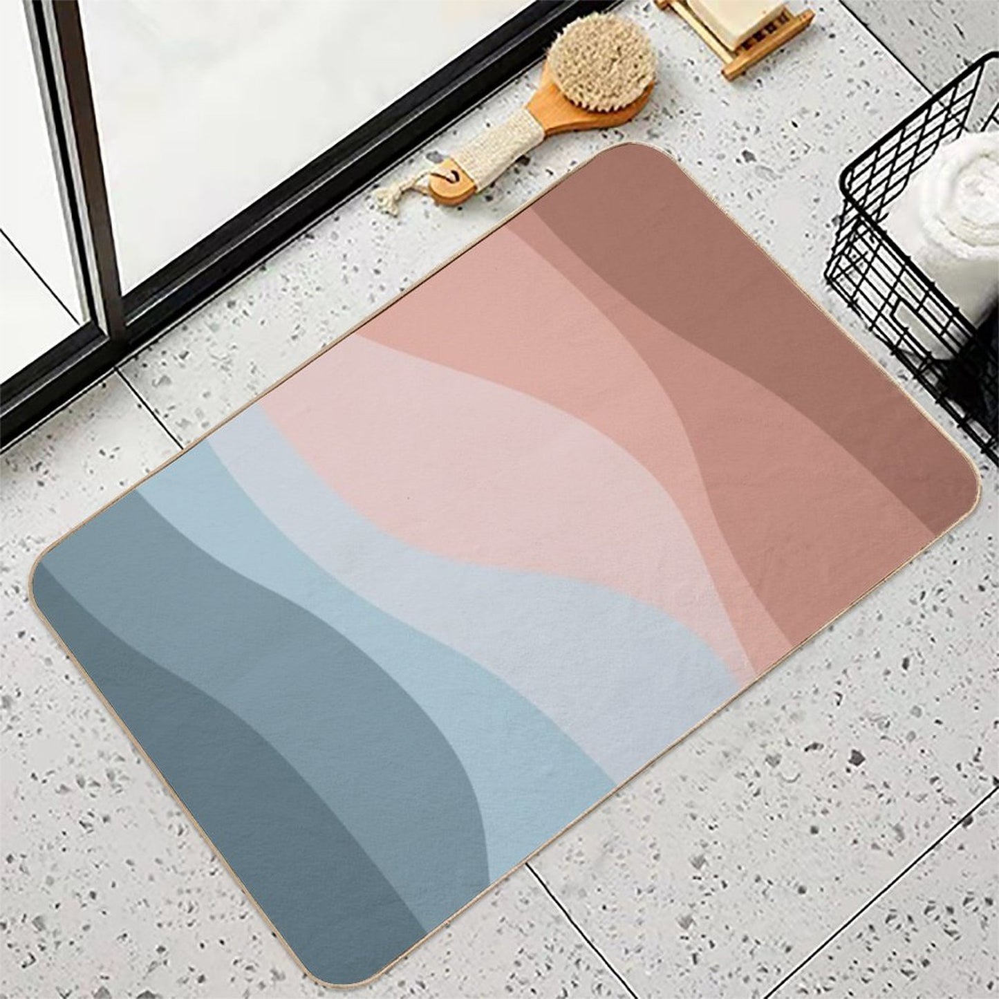 Retro Style Design with Blue And Pink Waves  Long-Lasting Bath Mat
