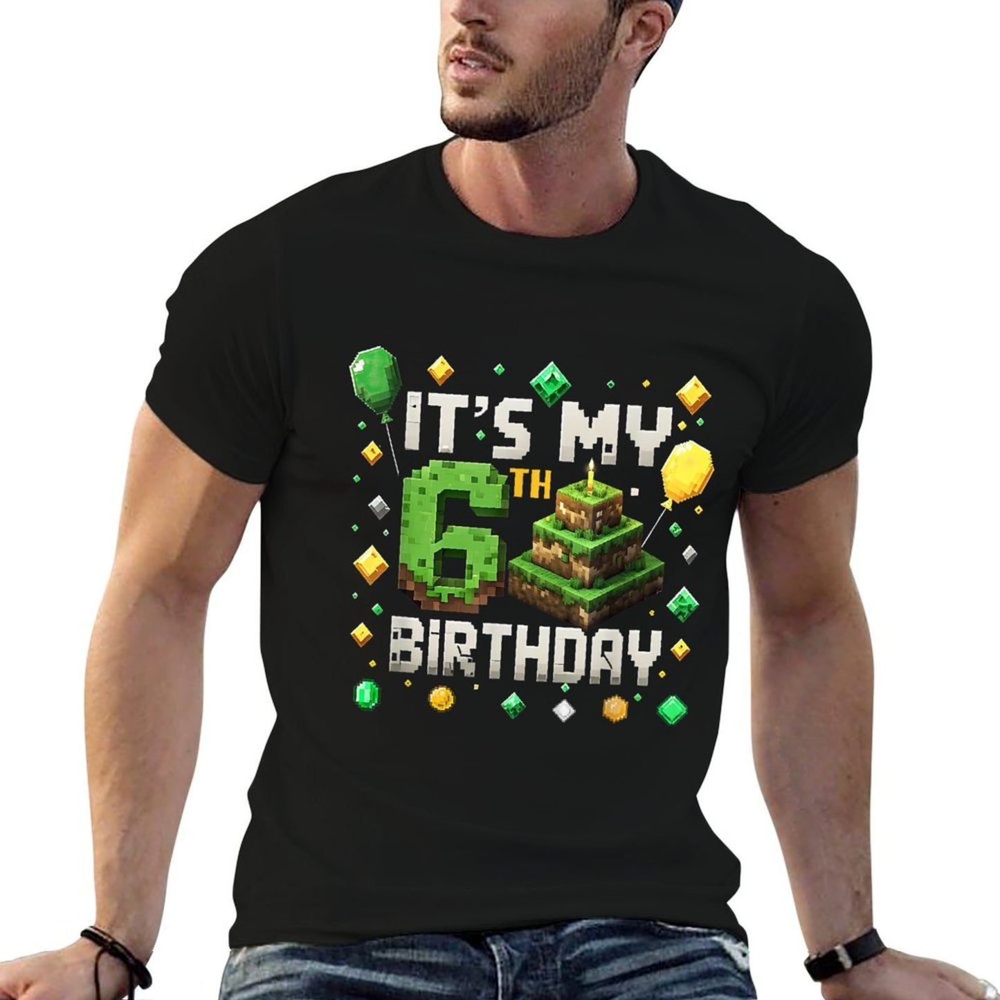 Kids It's My 6th Birthday 6 Six Birthday Boys Pixel Game  Oversized Silhouette T-Shirt