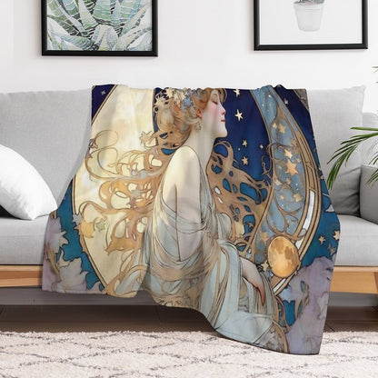 Celestial Dreams Alphonse Mucha Inspired Moon And Stars Plush Throw Blanket