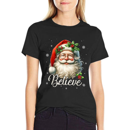 Vintage Santa Claus Believe Christmas Family Women Boys Girl  Easy-care T-Shirt