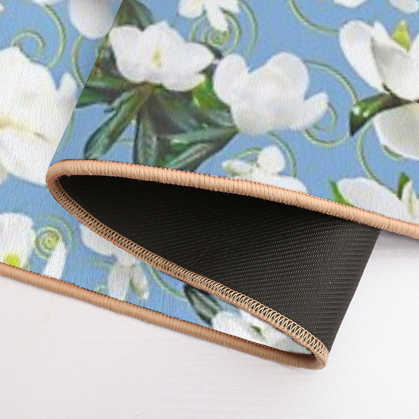 Bright Magnolia Floral Halfdrop on Blue 80afda  Fade-Resistant Bath Mat