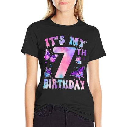 It's My 7th Birthday Butterfly Theme 7 Year Old Party Girl  Fade-proof Color T-Shirt