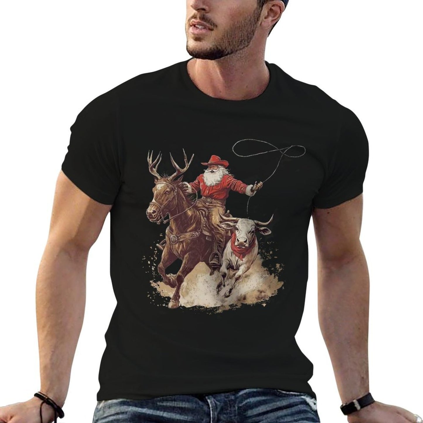 Vintage Rodeo Cowboy Santa Western Roping Horse Reindeer Sweatshirt  Durable T-Shirt