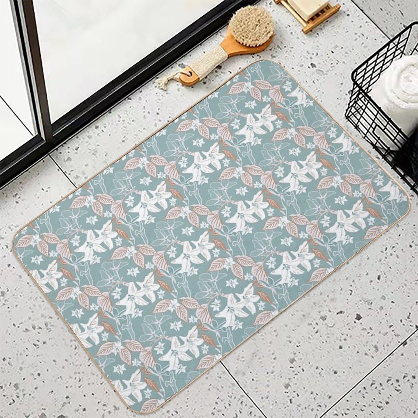 Gentle Floral Pine And Sienna.  Non-Slip Bath Mat