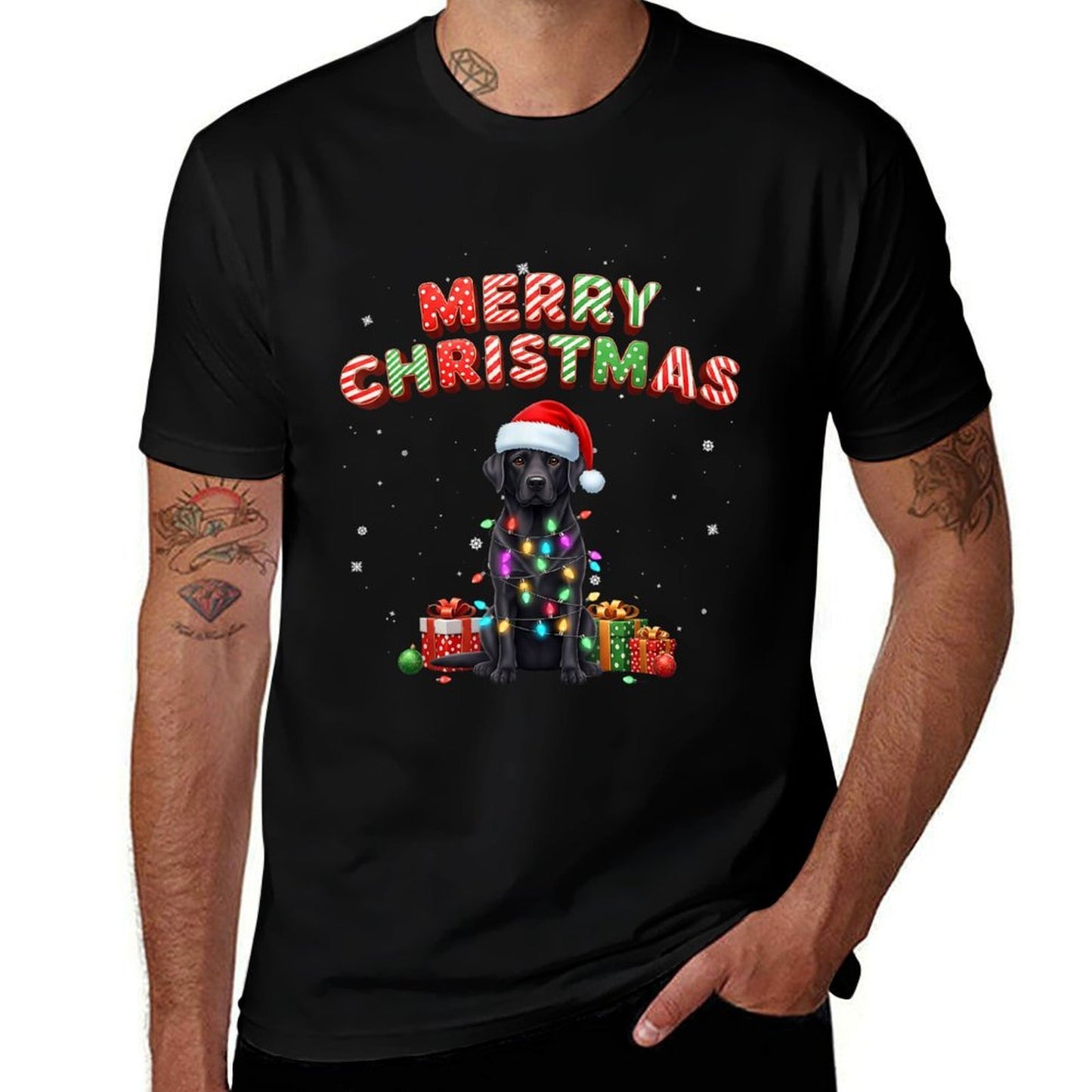 Black Lab Labrador Dog Merry Christmas Matching Family Xmas  Heathered Texture T-Shirt