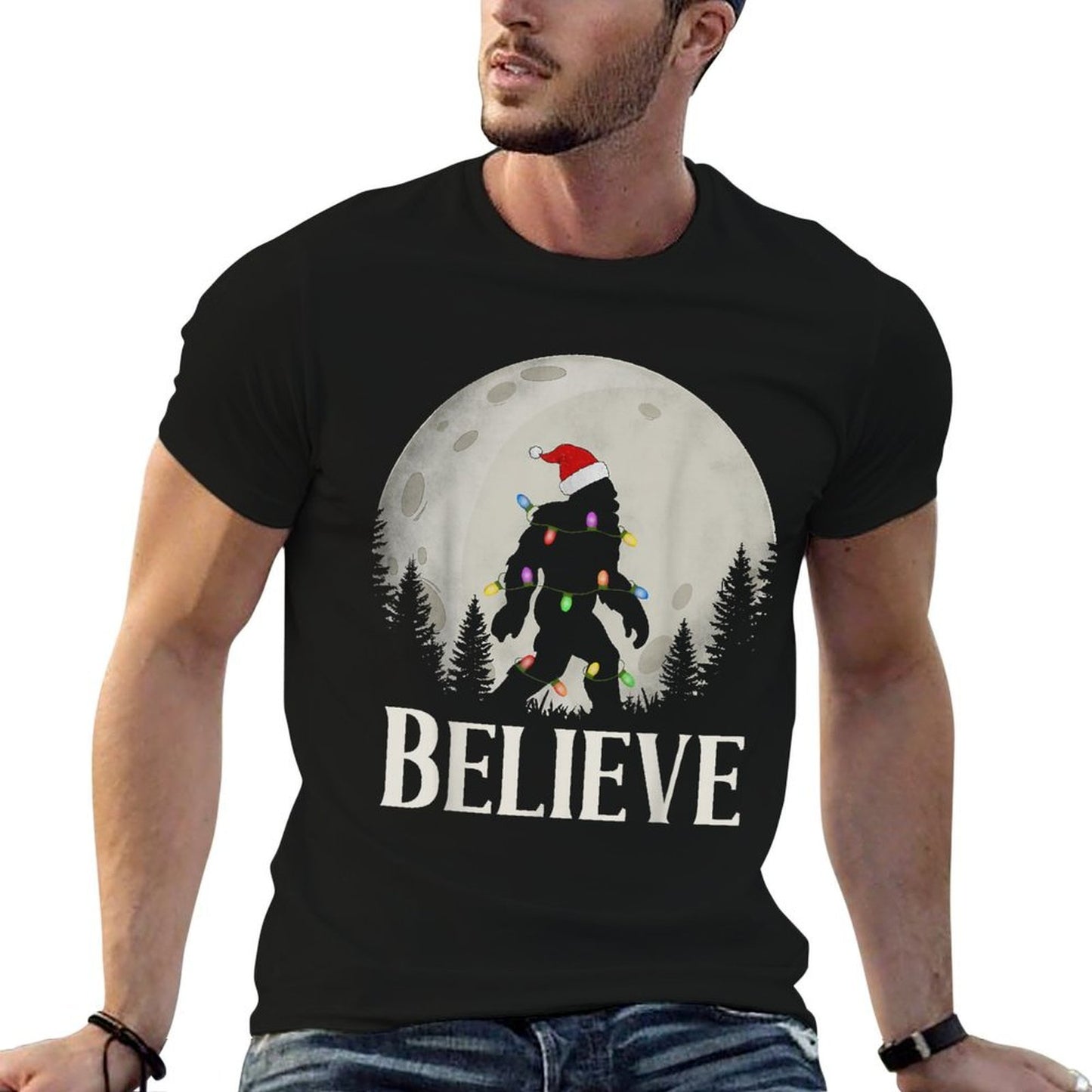 Funny Christmas Bigfoot Santa Hat Moon Sasquatch Kids Mens  Graphic-printed T-Shirt