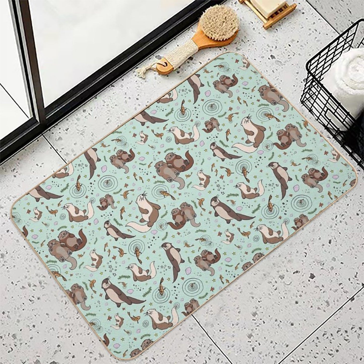 Otters in Blue  Repositionable Bath Mat