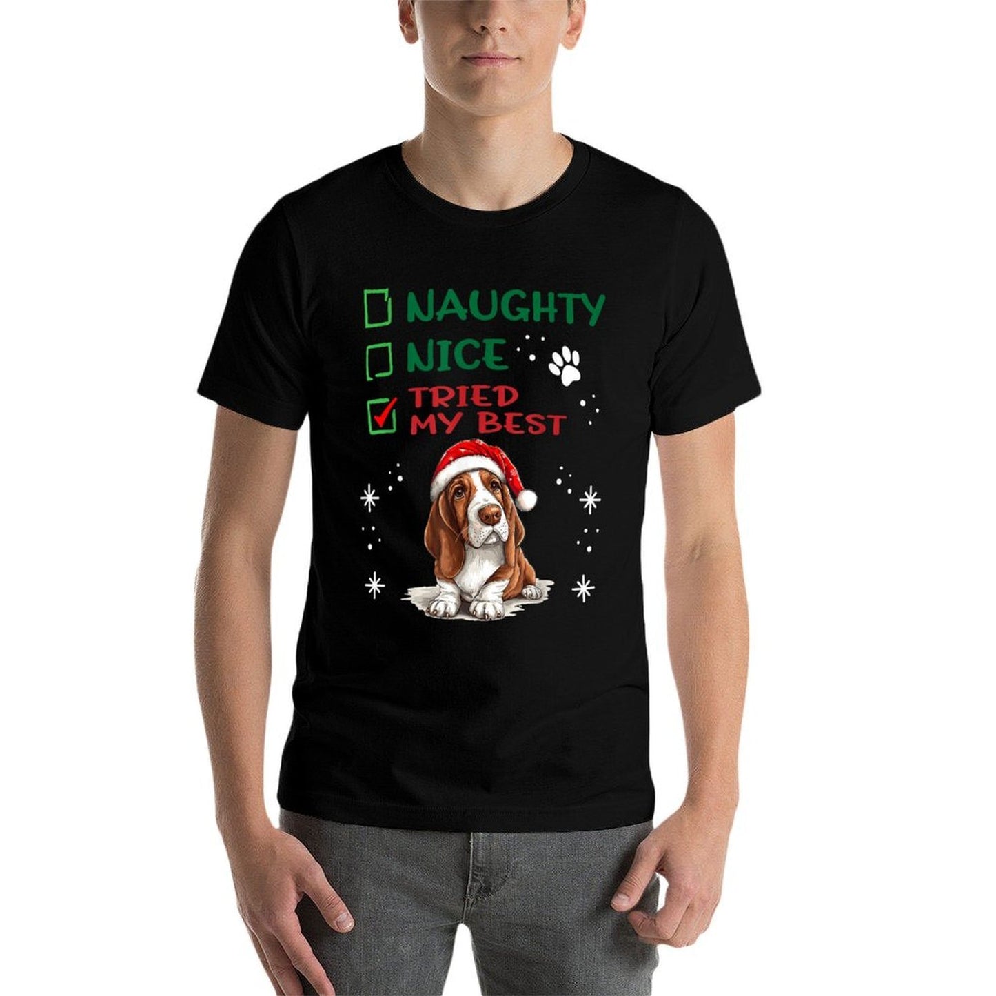 Cute Basset Hound Dog Christmas Naughty Nice Tried My Best for Men Women Kids  Stretchy T-Shirt