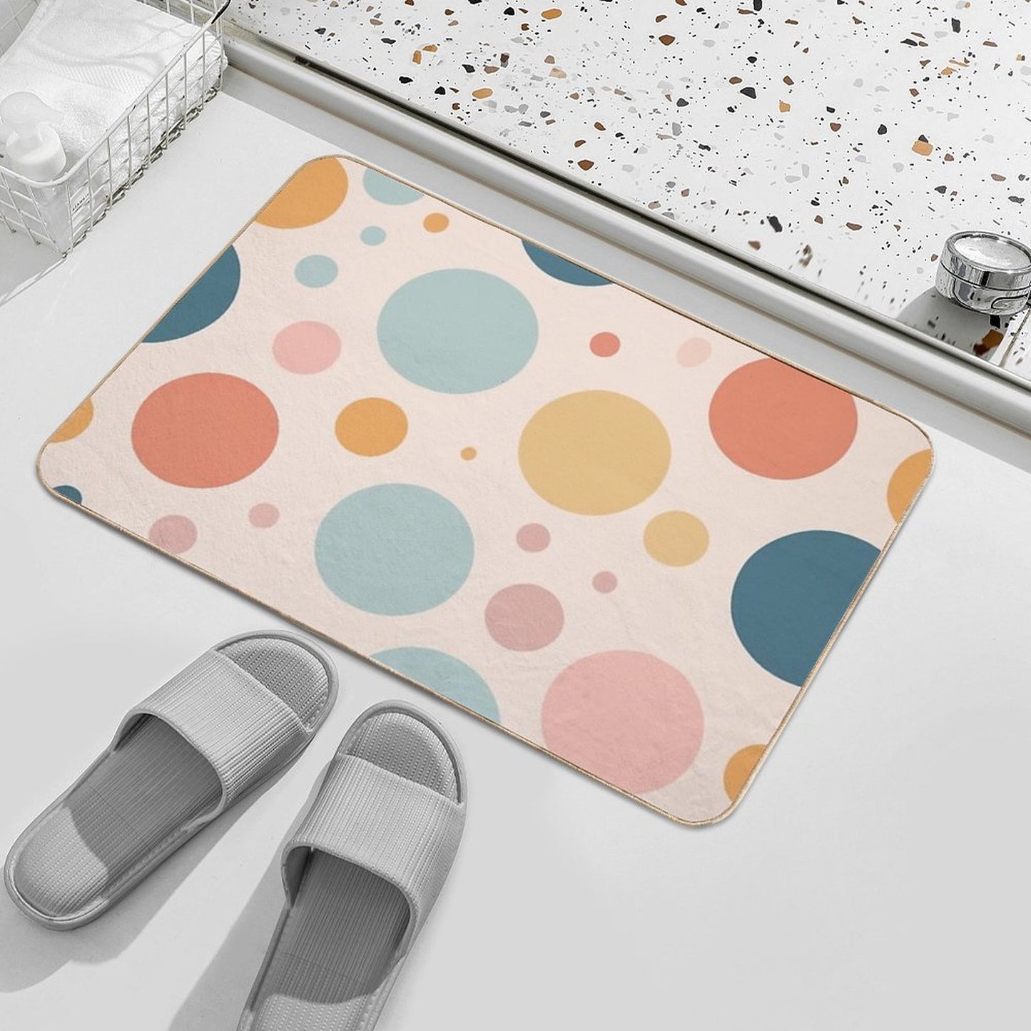 A Design of A Polka Dots Pattern in Soft Pastel Colors with A Gentle, Subtle Arrangement of Dots.  Rapid-Drying Bath Mat