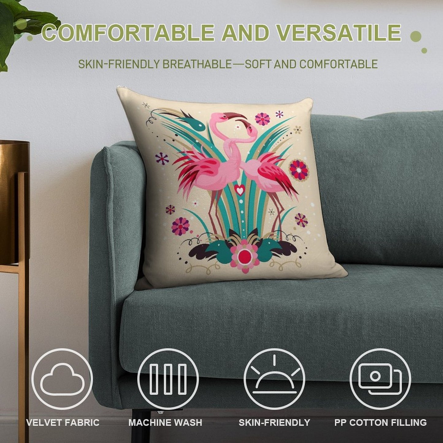 LOVE & FLAMINGO Soft Short Plush Fabric Throw Pillow