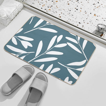 Floral Leaves Botanical Pattern, White on Teal  Multi-Purpose Bath Mat