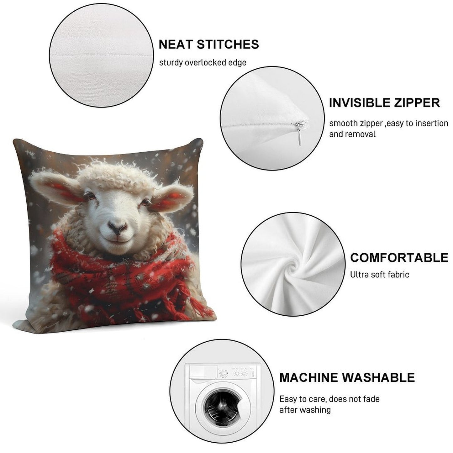 Sheep in The Snow with A Red Scarf Soft Hidden Zipper Throw Pillow