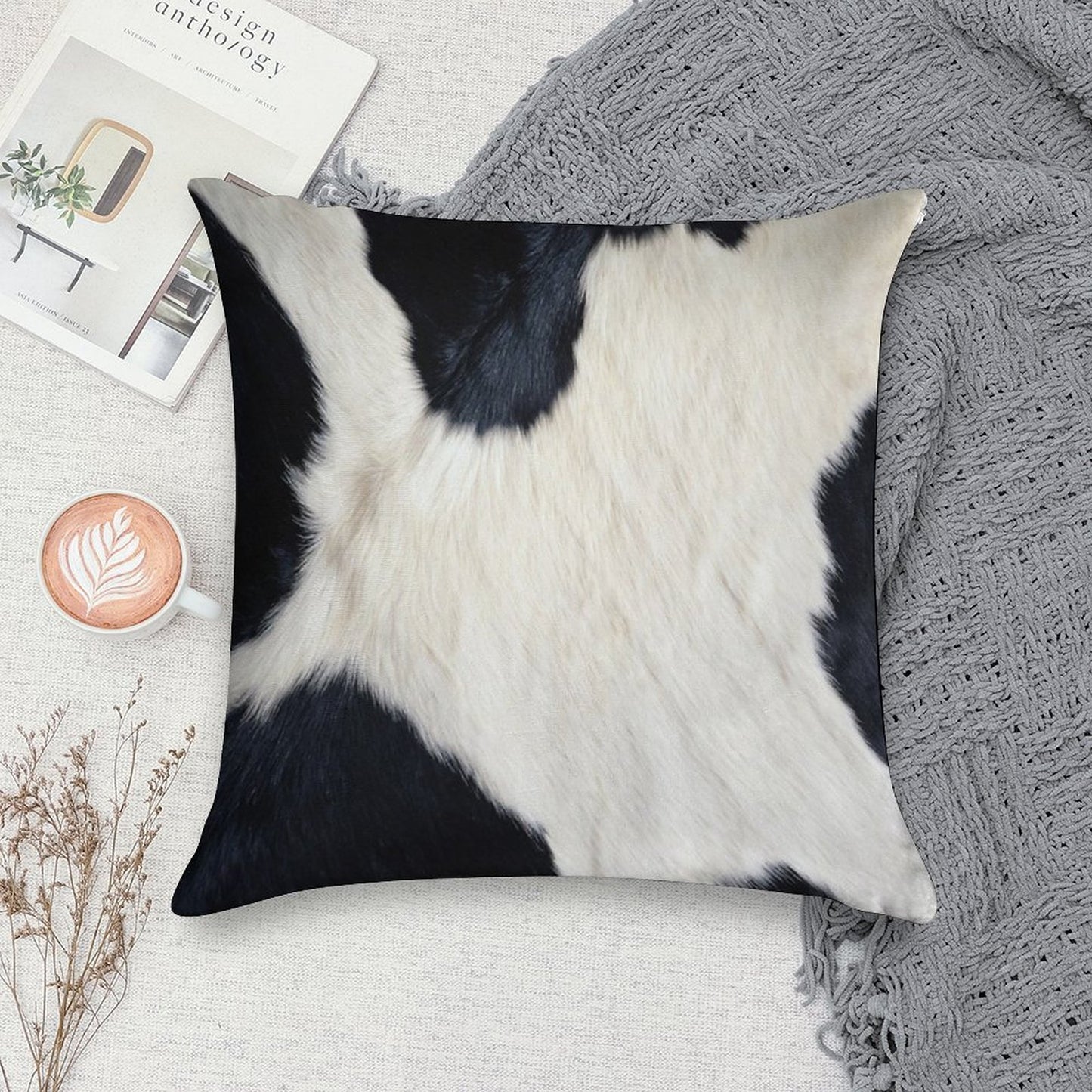 Faux Cowhide Black And White Soft High-Density Material Throw Pillow
