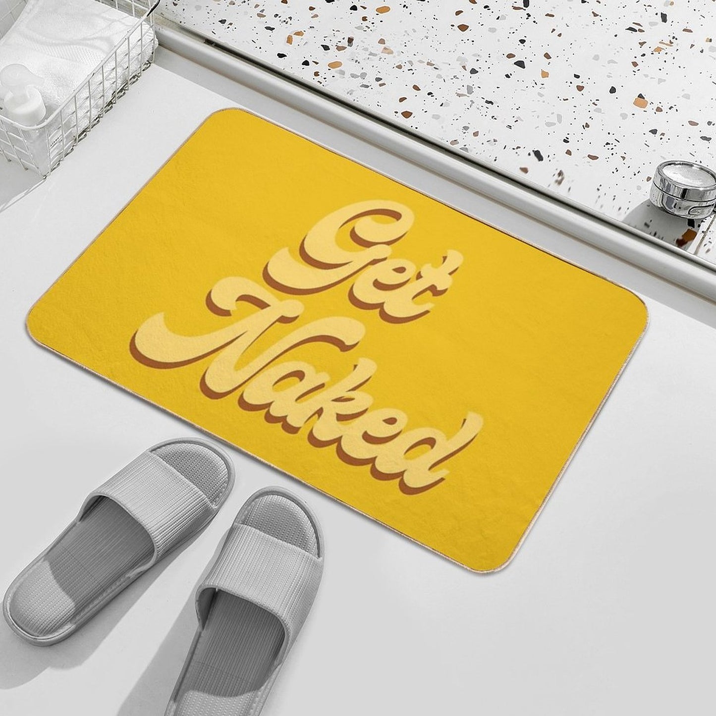 Get Naked - Typography Mustard  Easy To Clean Bath Mat
