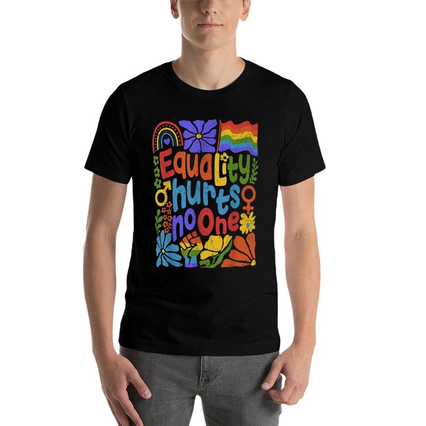 Boho Floral Equality Hurts No One Support LGBTQ Pride Month  Ribbed Collar T-Shirt