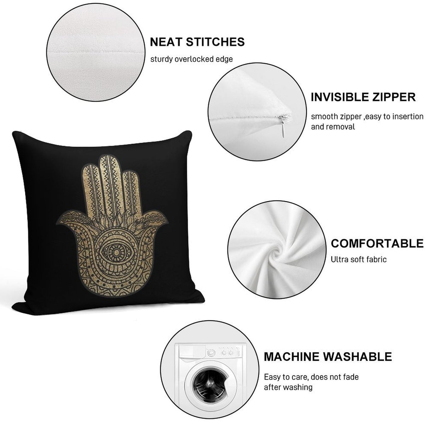Golden Hamsa Hand Soft Hidden Zipper Throw Pillow