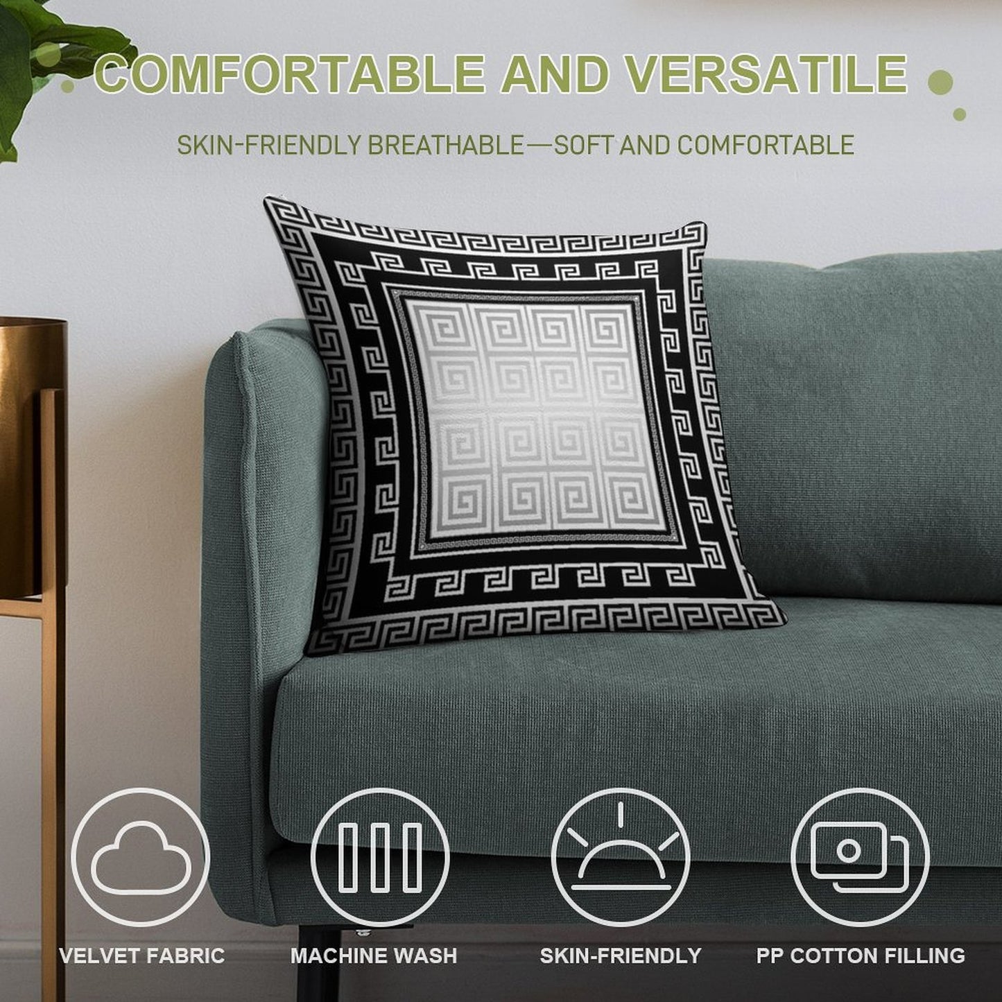 Greek Keys Black White Silver Gray Soft Hidden Zipper Throw Pillow