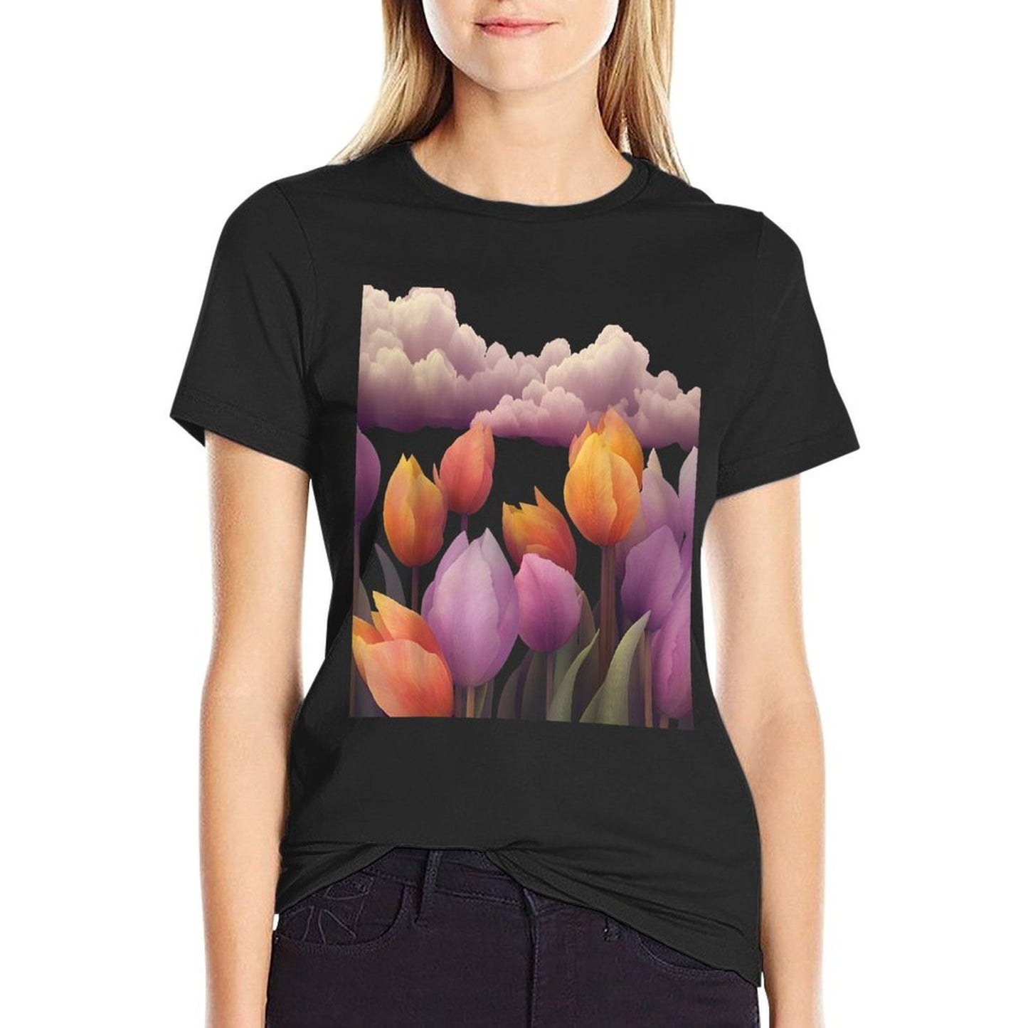 Tulip Fields At Twilight Floral Art  Eco-friendly Material T-Shirt