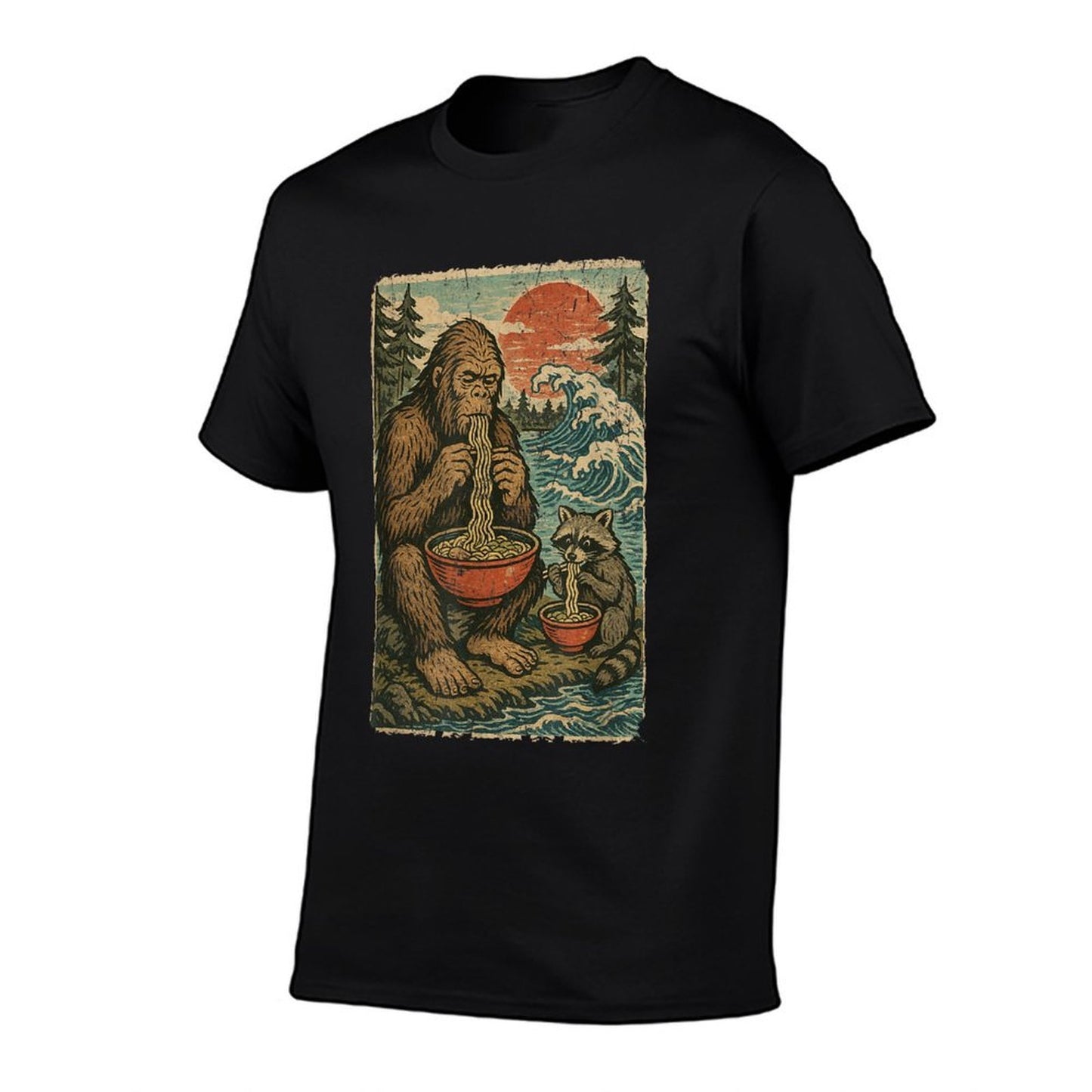 Anime Bigfoot Racoon Eating Ramen Funny Japanese Manga  Fade-proof Color T-Shirt