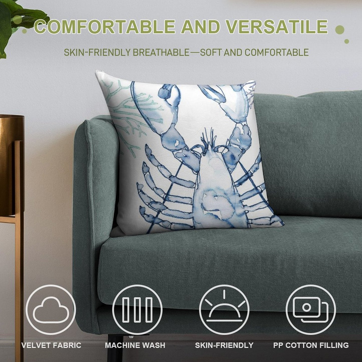 Coastal Lobster, Watercolor in Blues Soft Durable Construction Throw Pillow