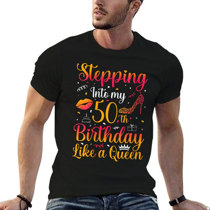 Stepping Into My 50th Birthday Queen Gift for Her Woman Birt  Ribbed Collar T-Shirt