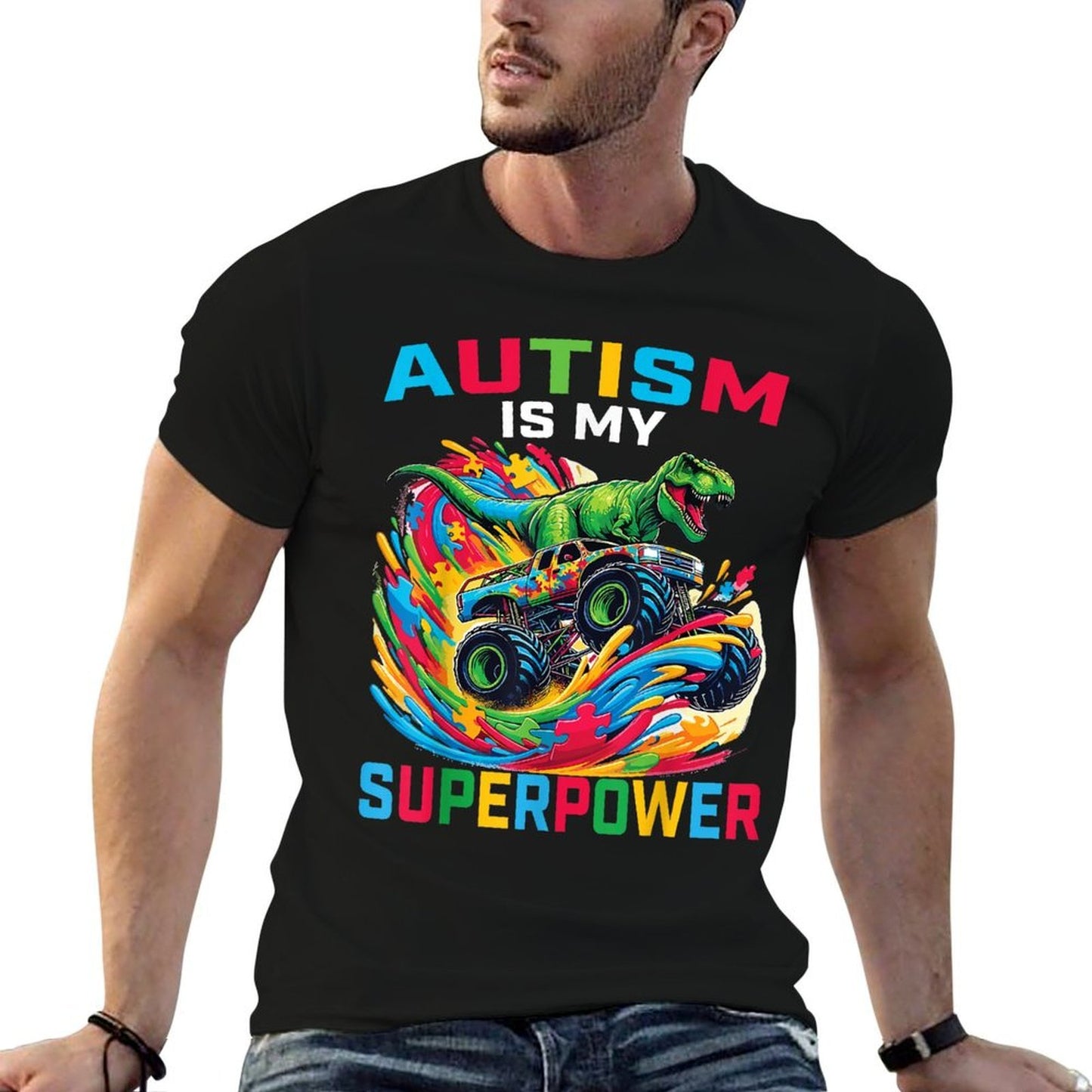 Autism Is My Superpower Dino T Rex Monster Truck Kids Boys  Relaxed-fit T-Shirt