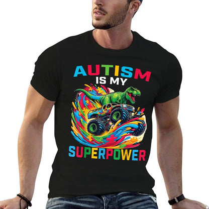 Autism Is My Superpower Dino T Rex Monster Truck Kids Boys  Relaxed-fit T-Shirt