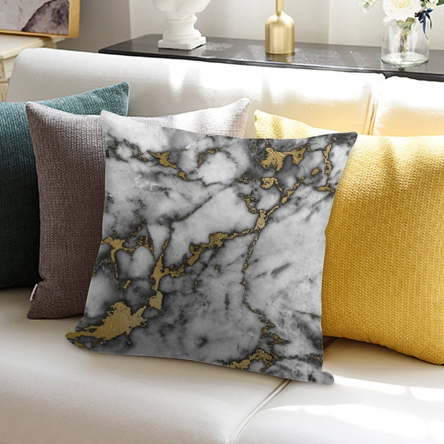 Grey Marble Gold Streaks Phone Case Cover Soft Gift Ready Throw Pillow